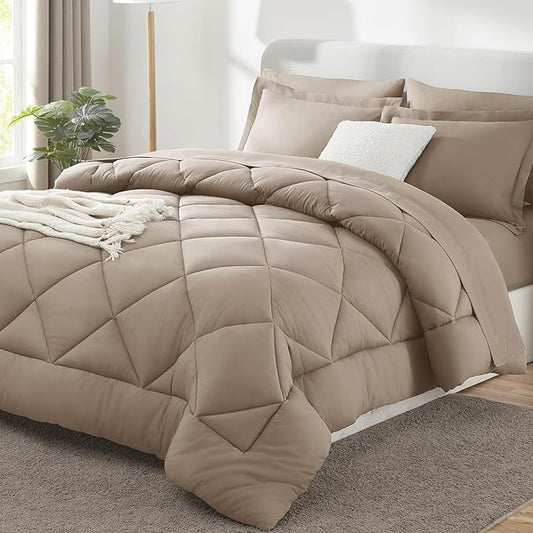 CozyLux King Size Comforter Set Khaki - 7 Pieces Bed in a Bag King, Luxury Soft Bed Set for All Seasons, Bedding Set with Down Alternative Comforter, Sheets, Pillowcases & Shams