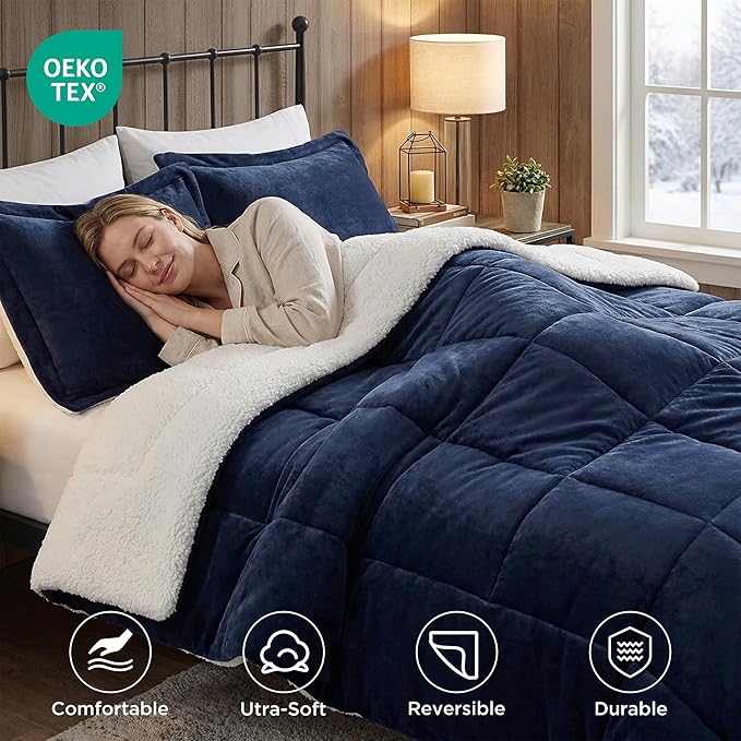 Woolrich Reversible Comforter Set Ultra Soft Plush to Sherpa, Down Alternative, Cold Weather Winter Warm Bedding, with Matching Sham, Decorative Pillow Navy/Ivory King 4 Piece