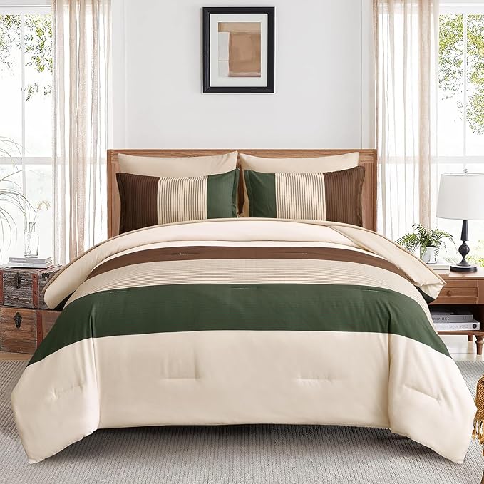 Anibedding Striped Comforter Set Full Size, Boho Brown Green Striped Bedding Comforter Set 7 Piece Bed in a Bag, Soft Microfiber Down Alternative Farmhouse Bedding Set for All Season(78''x90'')