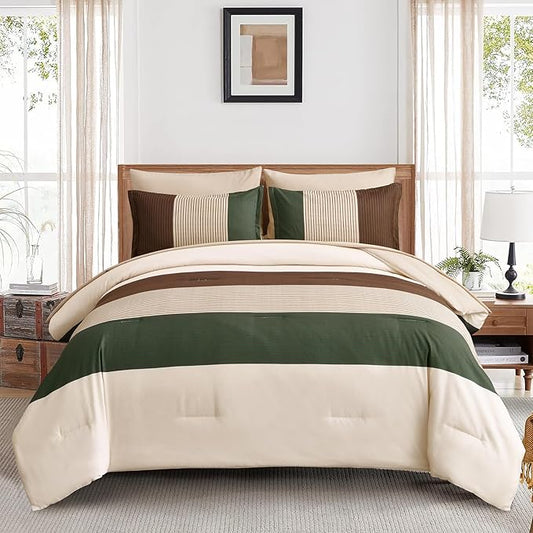 Anibedding Striped Comforter Set Full Size, Boho Brown Green Striped Bedding Comforter Set 7 Piece Bed in a Bag, Soft Microfiber Down Alternative Farmhouse Bedding Set for All Season(78''x90'')