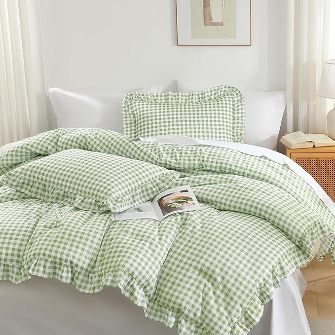 Andency Sage Gingham Ruffle Comforter Cal King(104x96Inch), 3 Pieces(1 Ruffled Comforter and 2 Pillowcases) Solid Farmhouse Shabby Chic Bed, Vintage Rustic Soft Microfiber Bedding Set