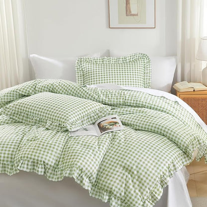 Andency Sage Gingham Ruffle Comforter Full (79x90Inch), 3 Pieces(1 Ruffled Comforter and 2 Pillowcases) Solid Farmhouse Shabby Chic Bed, Vintage Rustic Soft Microfiber Bedding Set