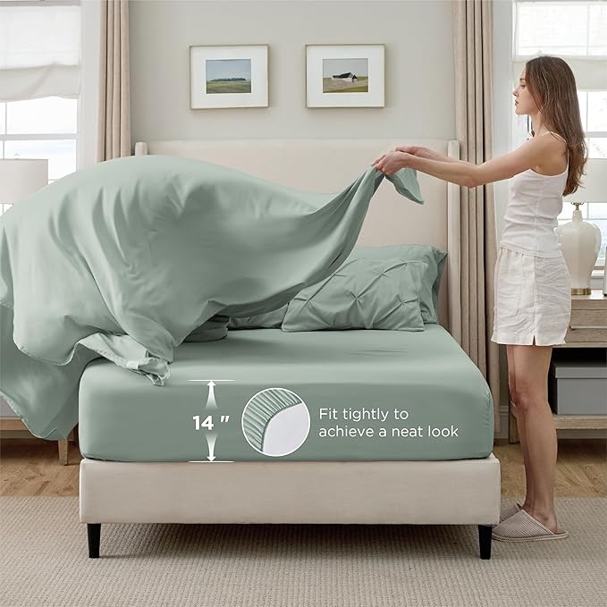 Bedsure Full Size Comforter Sets - Bedding Sets Full 7 Pieces, Pintuck Bed in a Bag Sage Green Bed Set with Comforter, Sheets, Pillowcases & Shams