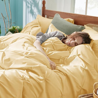 Bedsure Queen Comforter Set Yellow - Bed in a Bag Queen 7 Pieces, Pintuck Bedding Sets Gift for Christmas, Pinch Pleat Bed Set with Queen Size Comforter, Sheets, Pillowcases & Shams