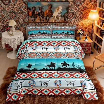 Erosebridal Horse Decor Western Comforter Set Queen,Farm Animals Quilt Indian Tribal Geometric Aztec Bedding Sets,Exotic Dream Catchers Feather Duvet Insert Farmhouse Western Home Decor,Teal