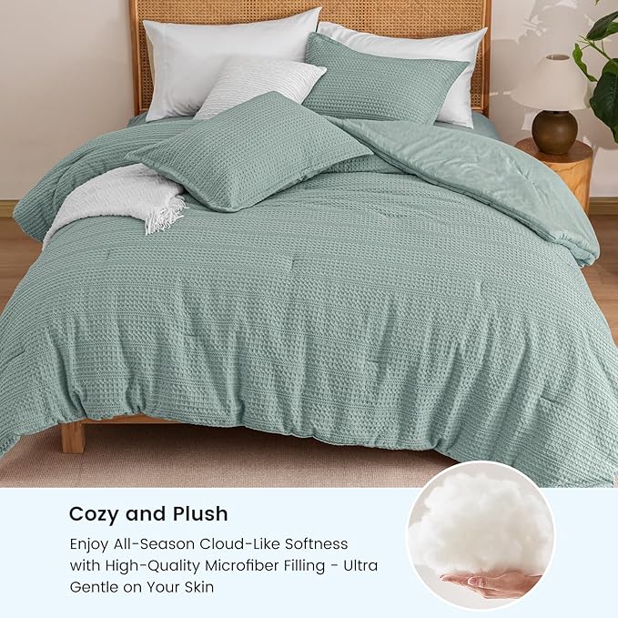 PHF Soft Waffle Comforter Set King Size- Comfy Breathable Waffle Weave Comforter with 2 Pillow Shams, 3 Pieces Less Snagging Lightweight Textured Bedding Set for All Season, Dusty Blue