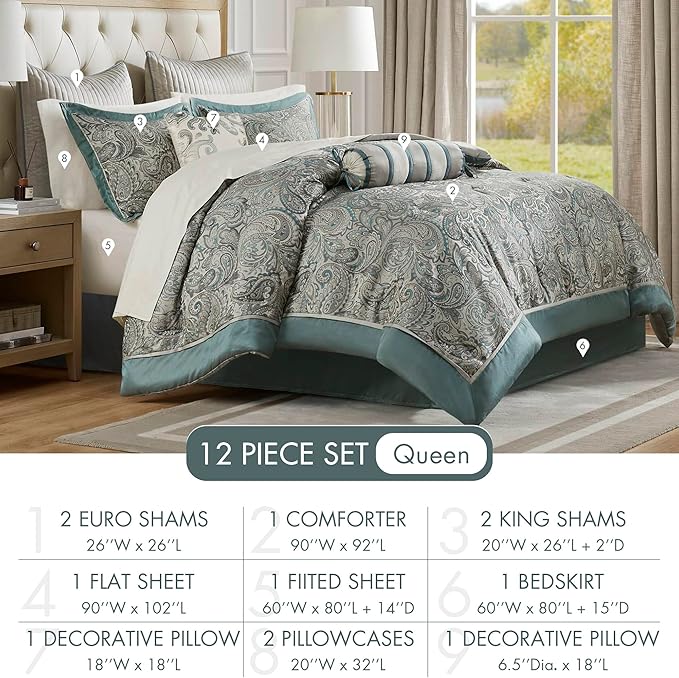 Madison Park Aubrey Cozy 12 Piece Comforter Set & Sheet, Luxe Faux Silk Jacquard Paisley Design - All Season Down Alternative Bedding with Cotton Bed Sheets, Bedskirt, Toss Pillows, Queen Teal