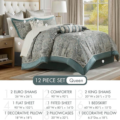 Madison Park Aubrey Cozy 12 Piece Comforter Set & Sheet, Luxe Faux Silk Jacquard Paisley Design - All Season Down Alternative Bedding with Cotton Bed Sheets, Bedskirt, Toss Pillows, Queen Teal