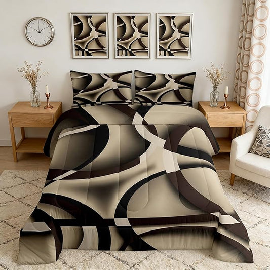 Castle Fairy Black Brown Khaki Abstract Stripes Full Size Comforter Set Geometric Circle Bedding Set for Kids Adults Teens Modern Retro Comforter Luxury Geometric Quilt Set Room Decor 3Pcs