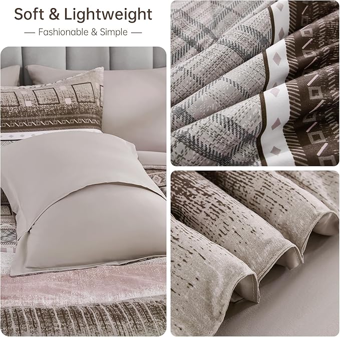 WONGS BEDDING King Size Comforter Set 8 Piece, Texture Striped Bed in a Bag Brown Comforter and Sheet Set, Boho Lightweight Microfiber Bedding Set for All Season (90"×104")