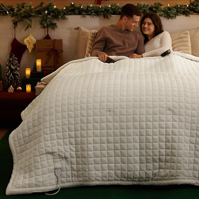 Bedsure Electric Blanket Queen Size - Quilted Winter Bedding of Thick Flannel, Dual Control Heated Blanket with 10 Heat & 10 Time Settings, Fast Heating for Cold Sleepers (84x90 inches, Ivory)