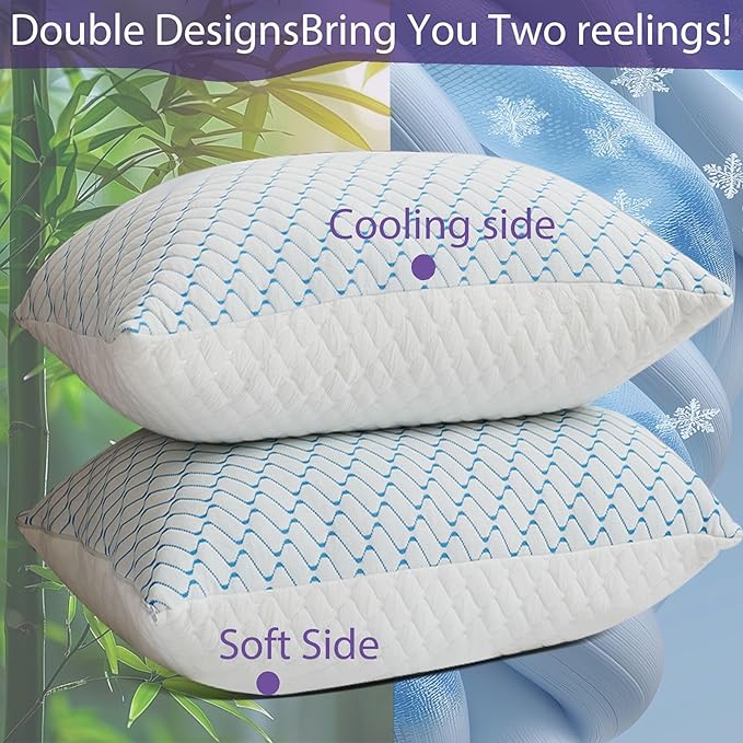 Memory Foam Pillows Queen Size Set of 2, Adjustable Cooling Pillow for Side Back Stomach Sleepers with Washable Removable Cover