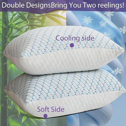 Memory Foam Pillows Queen Size Set of 2, Adjustable Cooling Pillow for Side Back Stomach Sleepers with Washable Removable Cover