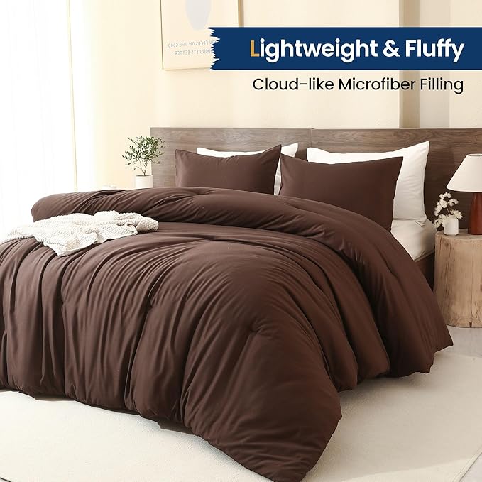 Paxrac Brown Oversized Queen Comforter Set 98x98In, 3 Pieces Comforter Set, Lightweight Solid Bedding Set, All Seasons Soft Fluffy Bed Set (1 Comforter & 2 Pillowcases)