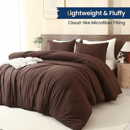 Paxrac Earthy Brown Comforter Full Size, Neutral 3 Pieces Comforter Set, Lightweight Solid Bedding Set, All Seasons Soft Fluffy Full Comforter Set (80x90In Comforter & 2 Pillowcases)