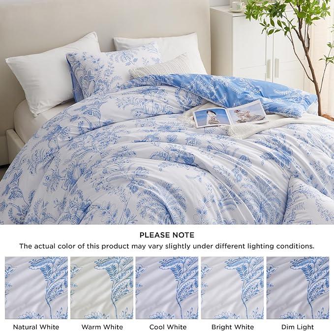 Nayoroom Blue Floral Comforter Set Queen Size White Coquette Bedding Comforter Set 3 Pieces Soft Lightweight Cottagecore Flower Comforter for All Seasons (1 Comforter, 2 Pillow Shams)
