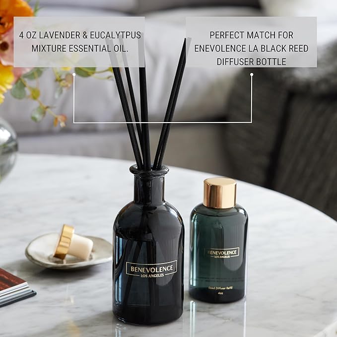 Benevolence LA Lavender & Eucalyptus Reed Diffuser Oil Refill | Long Lasting Home Fragrance for Bathroom and Bedroom | Essential Oils for Relaxation - 4 oz