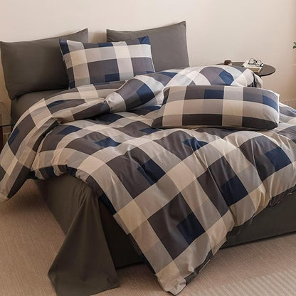 Cottonight Checkered Navy Comforter Set Cal King Gingham Grid Bedding Set Navy and Khaki Grid Comforter Fluffy Soft Blanket Quilts Modern Cottagecore Comforter California King Bed