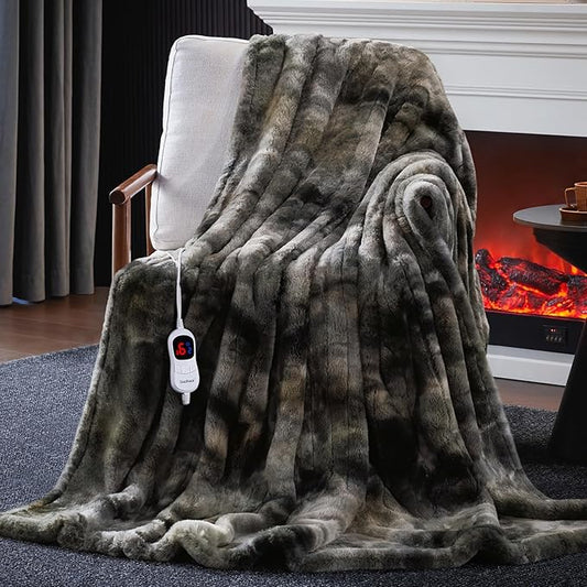 Guohaoi Heated Blanket Electric Throw, Soft Faux Rabbit Fur Electric Blanket with 10 Heating Levels 5 Sitting Timer Auto Off, Cozy Warm Heating Blankets, Machine Washable(62"×84" Dark Grey)