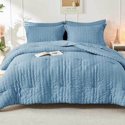 HYMOKEGE Mineral Blue California King Comforter Set Seersucker 7 Pieces, All Season Luxury Bed in a Bag for Bedroom, Bedding Set with Comforter, Sheets, Pillowcases & Shams
