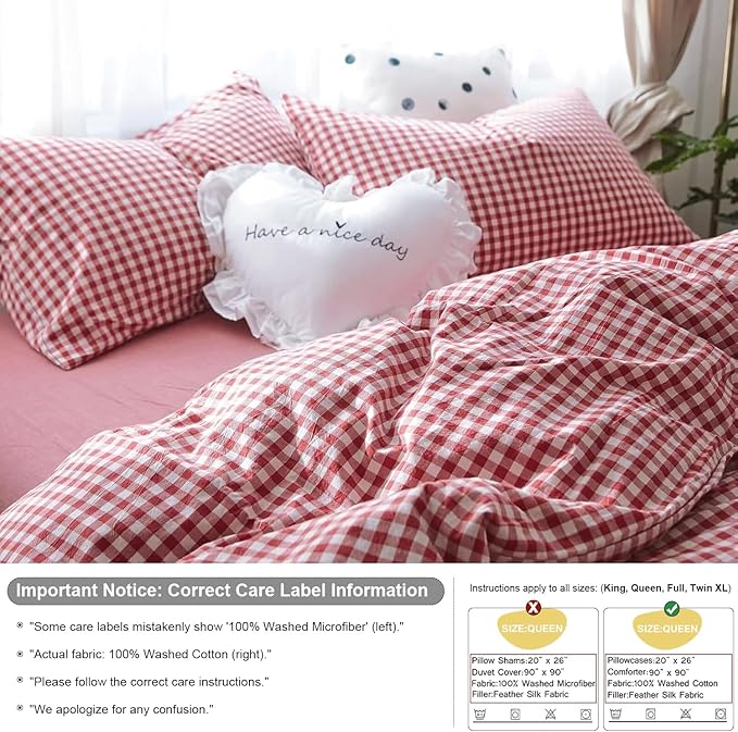 mixinni Red Gingham Comforter Set Full, Plaid Comforter Set 3 Pieces 1 Red Grid Comfoter with 2 Pillow Cases for All Seasons, Soft Fluffy Modern Grid Pattern Printed Bedding-Full Size