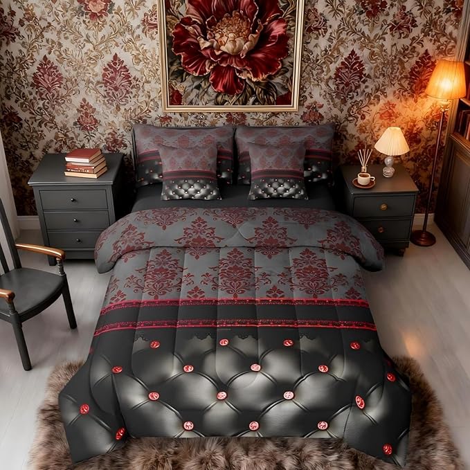 Erosebridal Red Damask Queen Comforter Set with Sheets | Victorian Decor Gothic Vintage Floral 7 Piece Bedding Set Luxury Black Diamond Texture Pattern Bohemian Bed in a Bag, Baroque Goth Room Decor