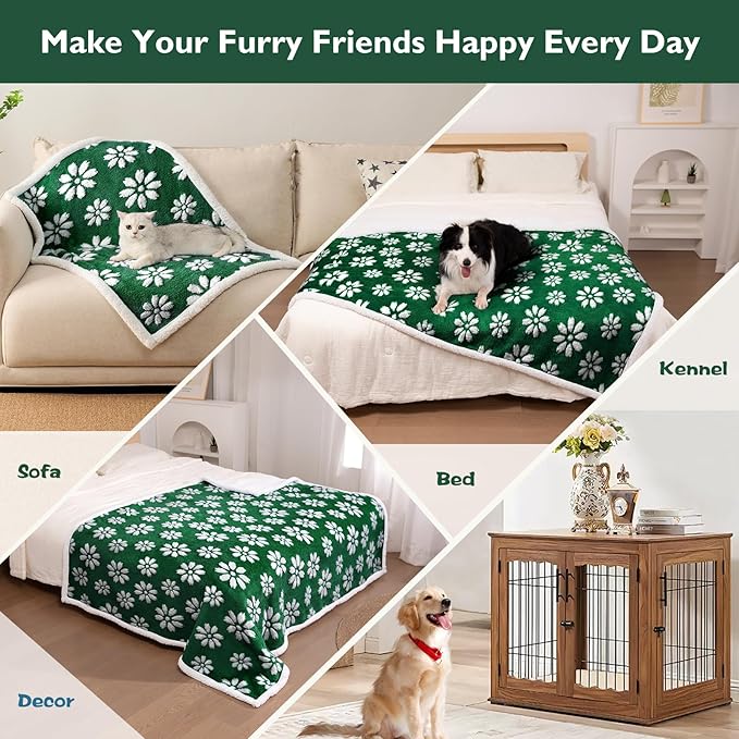 Waterproof Blanket for Dog Cat or Adult, Cute 3D Textured Flower Dog Blanket for Bed Couch Sofa, Soft Liquid Pee Proof Pet Furniture Protector, 60"x80", Green