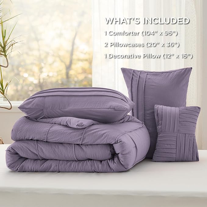 Bedsure California King Comforter Set - 4 Pieces Pinch Pleat Bed Set, Purple Boho Bedding for All Season, 1 Soft Comforter, 2 Pillowcases, 1 Decorative Pillow