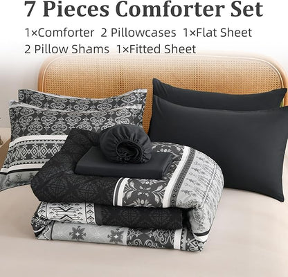 Comforter Set King Size Boho,7 Pieces Bohemian Bedding Comforter Set Striped Bed in a Bag,Dark Grey Paisley Floral Comfortet and Sheet Set,Soft Black Gray Bedding Sets for All Season