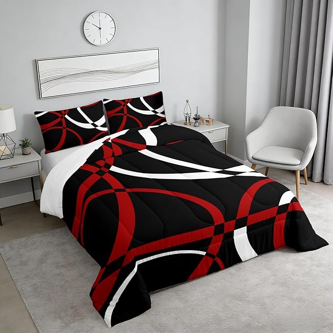 Castle Fairy Black Red White Abstract Stripes Full Size Comforter Set Geometric Circle Bedding Set for Kids Adults Teens Modern Retro Comforter Luxury Geometric Quilt Set Room Decor 3Pcs