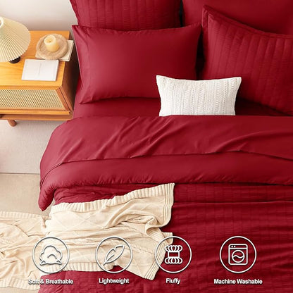 CozyLux Queen Comforter Set Dark Red Seersucker 7 Pieces Bed in a Bag Queen Comforter Set with Sheets, Luxury Soft Bedding Set with Down Alternative Comforter, Sheets, Pillowcases & Shams All Seasons