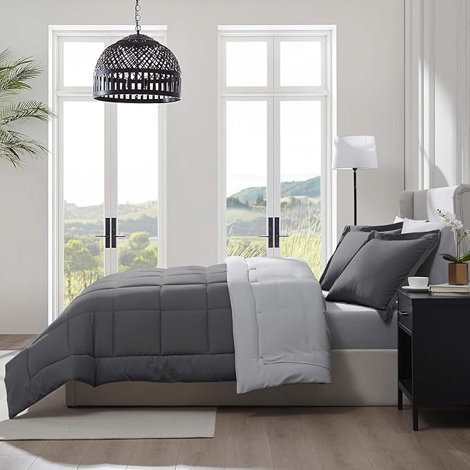Nestl 7 Piece California King Comforter Set – Dark Grey Reversible Bed in a Bag – Complete Cal King Size Bedding Set with Sheets, Pillowcases and Shams