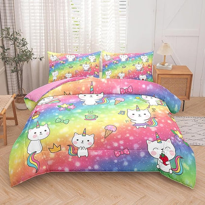 Tailor Shop Cat Comforter Sets Queen Size,Cat Bedding Sets for Girls Kids Teens Rainbow Comforter with 2 Pillowcase…