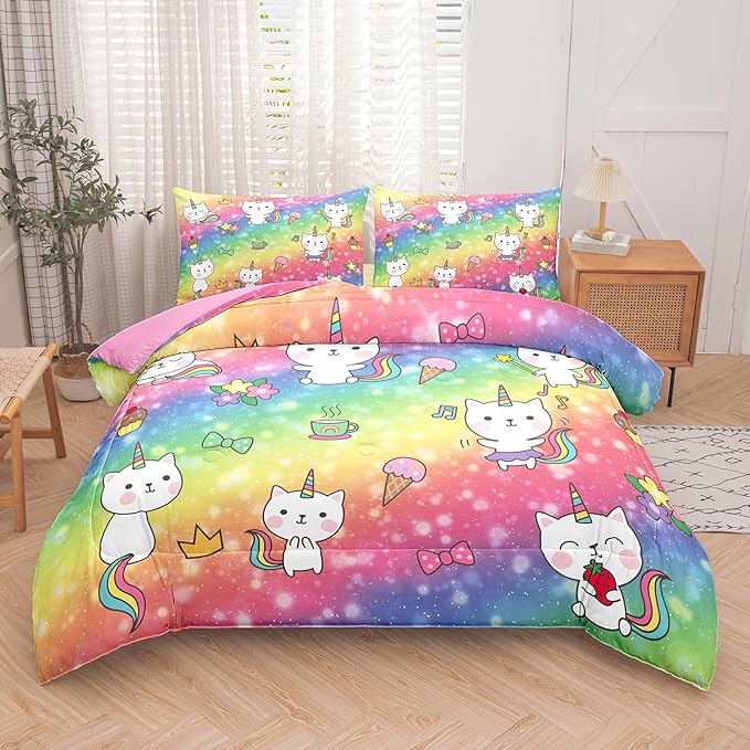 Tailor Shop Cat Comforter Sets Full Size,Cat Bedding Sets for Girls Kids Teens Rainbow Comforter with 2 Pillowcase…