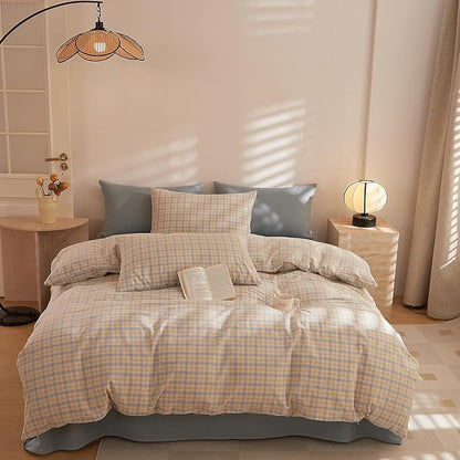 HighBuy Yellow Gingham Comforter Set Queen Size Plaid Comforter Queen Set Modern Checkered Grid Bedding Comforter Hotel Luxury Comfy Fluffy Bedding Sets for Men Teen,Easy Care