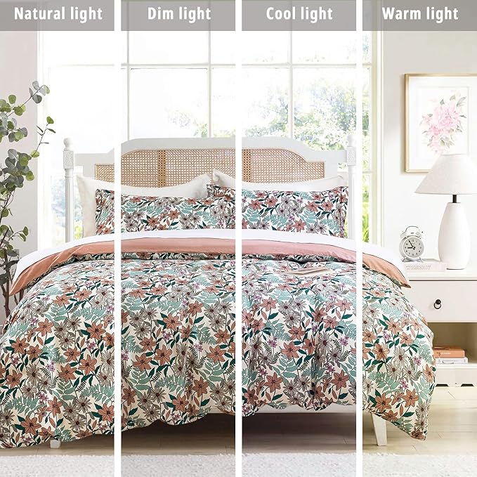 Elegant Blush Floral Cotton Comforter Queen Size - 3PC Lightweight Bedding Sets with Ultra-Soft Alternative Fill, Cozy Tropical Bloom Reversible Design (1 Comforter, 2 Pillowshams)