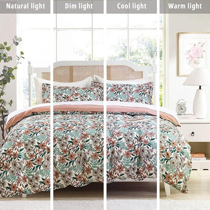 Elegant Blush Floral Cotton Comforter Queen Size - 3PC Lightweight Bedding Sets with Ultra-Soft Alternative Fill, Cozy Tropical Bloom Reversible Design (1 Comforter, 2 Pillowshams)