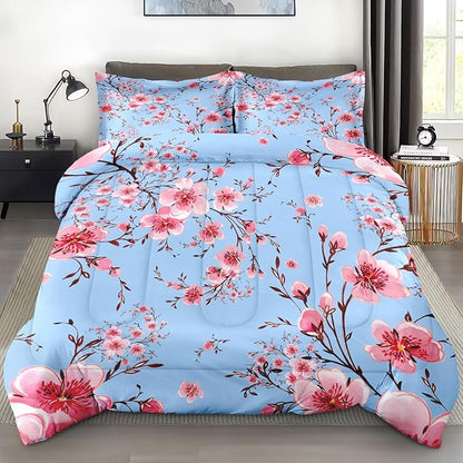 Comforter Set Queen Size, Cherry Floral Flower 3 Pcs Soft Bedding Set for Kids and Adults, Summer Vintage Tree Comforter Set with 2 Pillowcases, for Bedroom Bed Decor