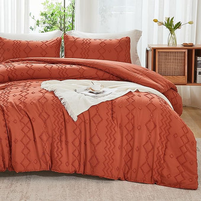 Andency Terracotta Tufted Comforter Set Twin(66x90Inch), 2 Pieces(1 Boho Comforter, 1 Pillowcase) Textured Farmhouse Bed Set, Soft Microfiber Down Alternative Geometric Fall Bedding