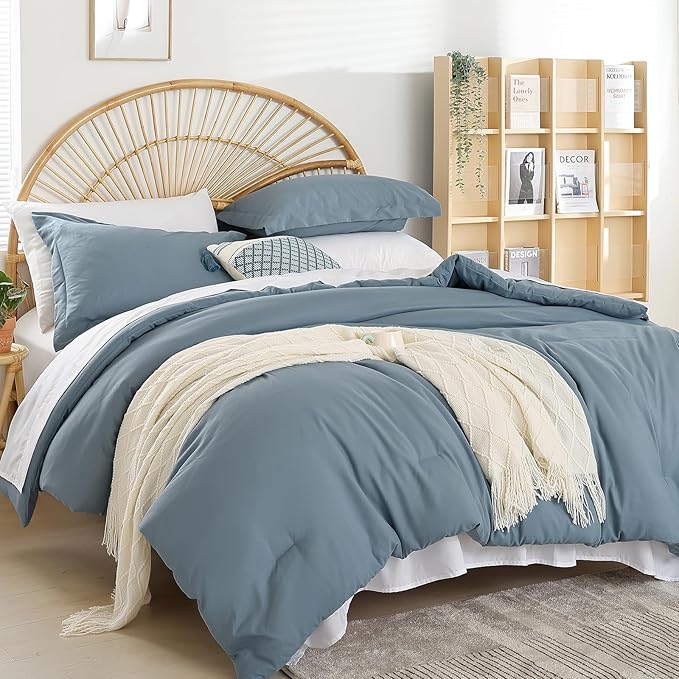 weigelia Dusty Blue Comforter Set 7 Pieces Full Comforter Set Soft Fluffy Bed in a Bag Full Size Bedding Set with Fitted Sheet, Flat Sheet, Pillow Shams, Pillow Cases for All Season