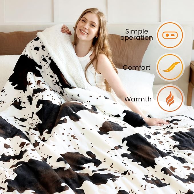 Cow Print Electric Heated Blanket Queen-Dual Control Heating Blanket Queen Size with 10 Heat Levels & 10 Hours Auto-Off, Cozy Soft Fleece Sherpa, Washable, 84x90 Inches Cow Print White