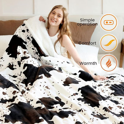 Cow Print Heated Electric Blanket King Size-Dual Control Heating Blanket King Size with 10 Heat Levels & 10 Hours Auto-Off, Cozy Soft Fleece Sherpa, Washable, 90x100 Inches Cow Print White