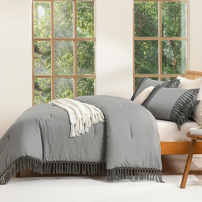 Andency Medium Grey Comforter Set California King, 3 Pieces Boho Cal King Tassel Lightweight Soft Bedding Comforter Sets, Oversized Bed Set (104x96In Comforter & 2 Pillowcases)