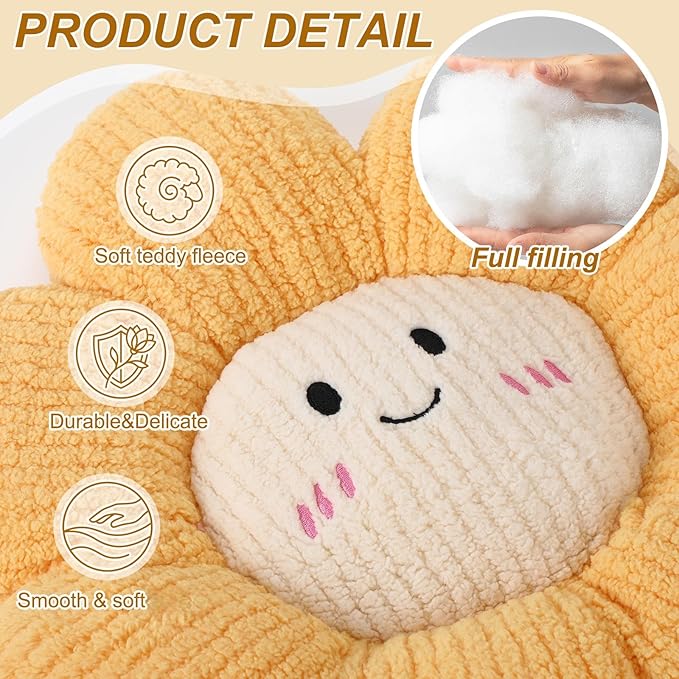 2 Pcs Smile Face Flower Pillows 15" Yellow Flower Throw Pillows Decorative Daisy Floor Seating Cushion Aesthetic Cute Seat Cushion for Bed Sofa Couch Home Decor Bedroom Living Room Chair