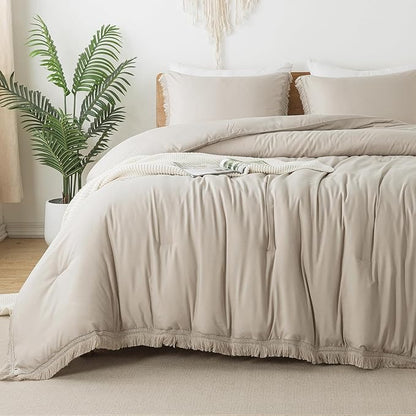Andency Oatmeal Comforter Set Queen, 3 Pieces Boho Tassel Lightweight Bedding Comforter Sets, All Season Soft Fluffy Fringe Bed Set (90x90In Comforter & 2 Pillowcases)