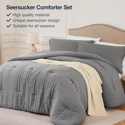 Grey Full Comforter Set - 3 Pieces Seersucker Lightweight Bedding Comforter Sets (1 Soft Fluffy Comforter & 2 Pillowcases) - All Seasons Cozy Modern Bed Sets for Women Men