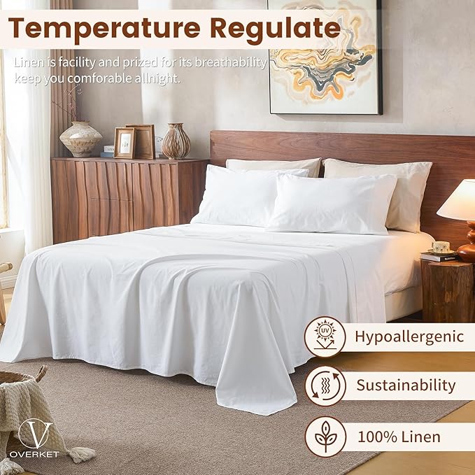 100% Linen Sheets Queen Size,Breathable & Durable 4-Piece Bed Flax Sheet Set,Soft All-Season Bedding for Hot Sleepers 16" Deep Pocket Oeko-TEX Certified,（Queen, White）