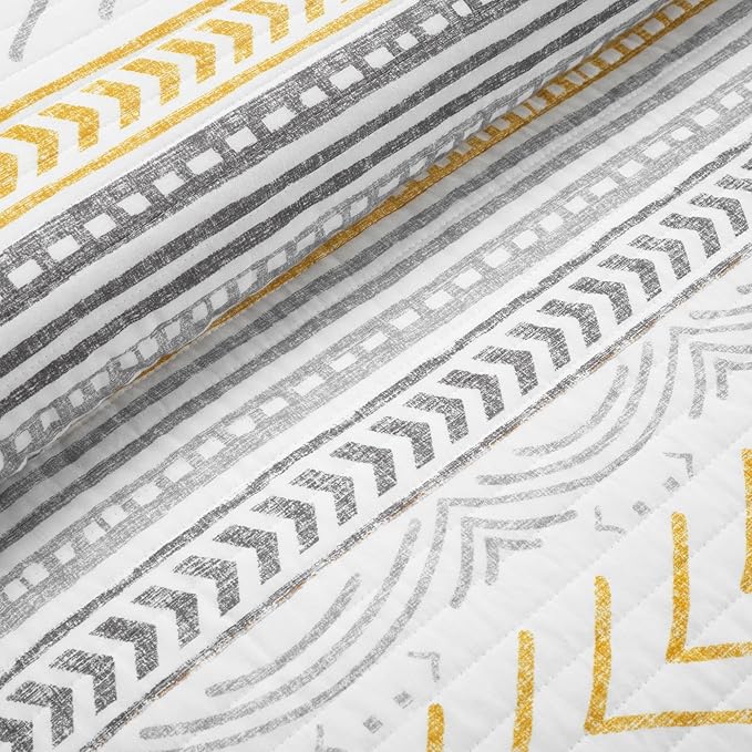 Lush Decor Hygge Geo Pattern Striped 3 Piece Quilt Bedding Set, King, Yellow