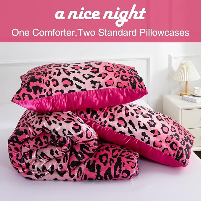 A Nice Night Leopard Printed，Satin Silky Soft Quilt Sexy Luxury Super Soft Microfiber Comforter Quilt Bedding Comforter Set Full/Queen, Light Weighted (Pink, King(88-by-102-inches))