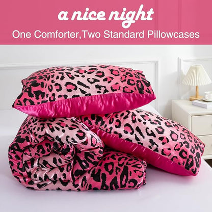 A Nice Night Leopard Printed，Satin Silky Soft Quilt Sexy Luxury Super Soft Microfiber Comforter Quilt Bedding Comforter Set Full/Queen, Light Weighted (Pink, King(88-by-102-inches))